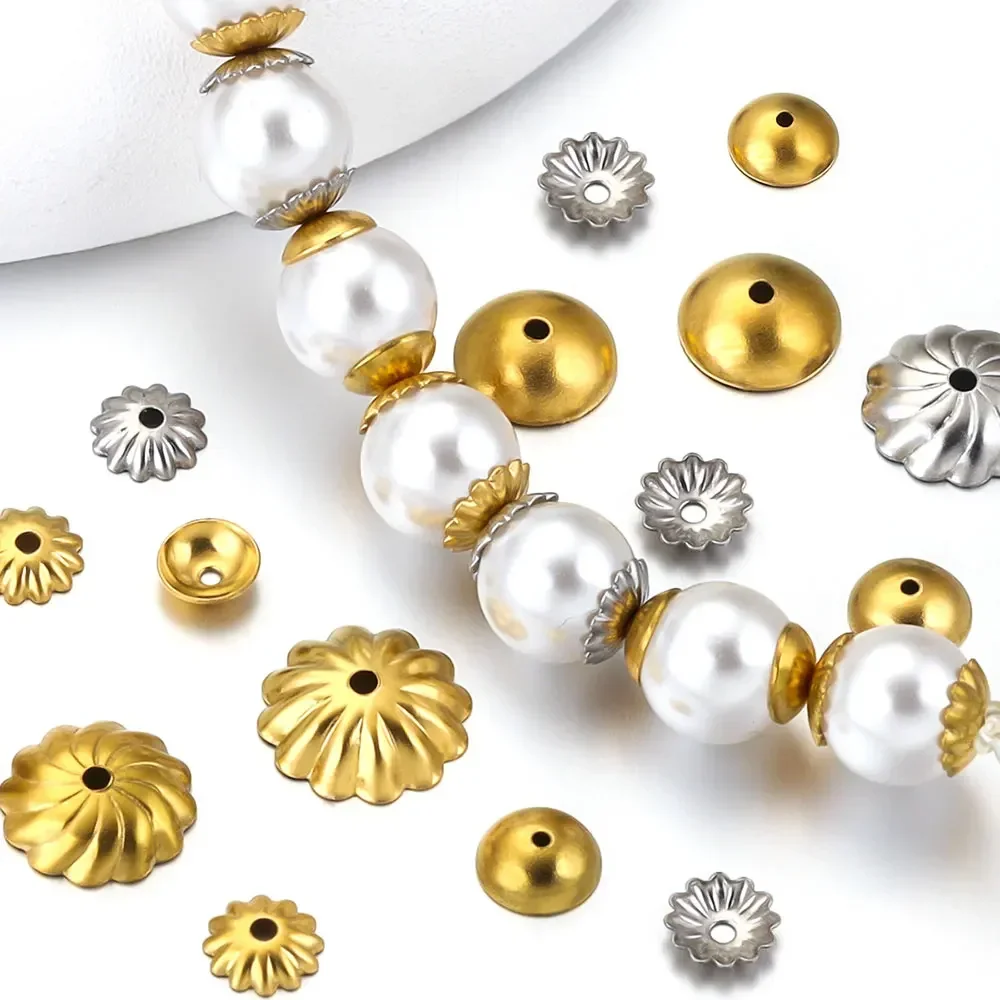 

50pcs 4-10mm Stainless Steel Beads Gold Plated Flower Round Caps Spacer Beads for DIY Needlework Jewelry Making Bracelet Waist