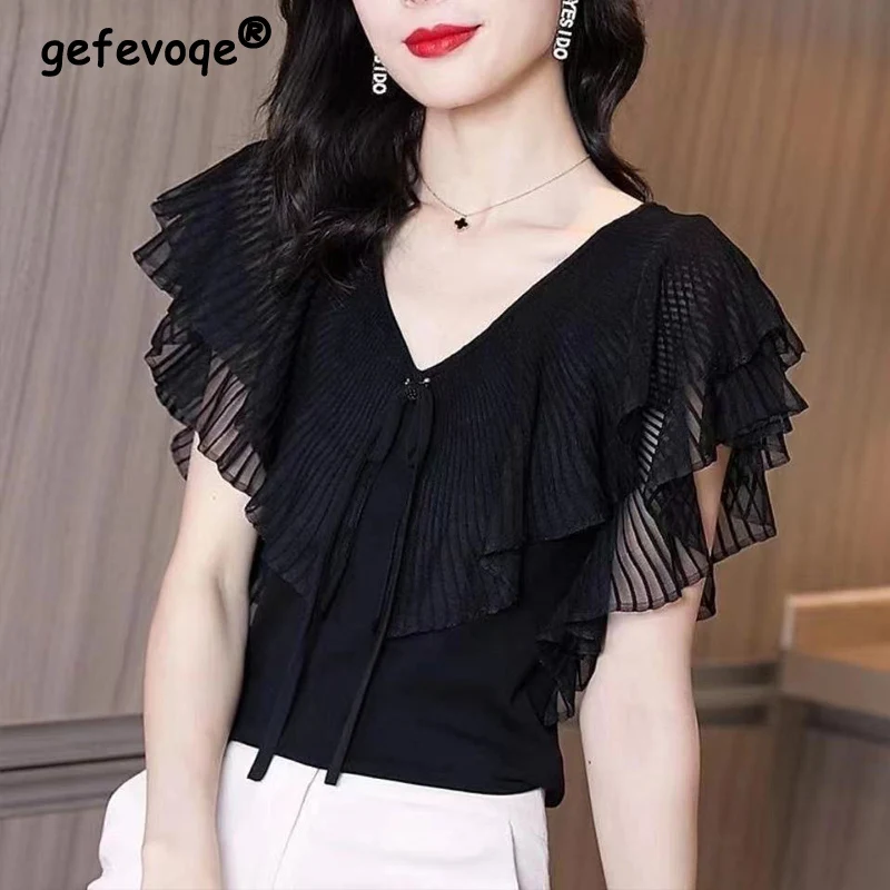 

Ruffle Elegant Chic Sweet Lace Up Black White Ice Silk Knitwear Women 2023 New Korean Fashion V-neck Slim Blouses Tops Clothing