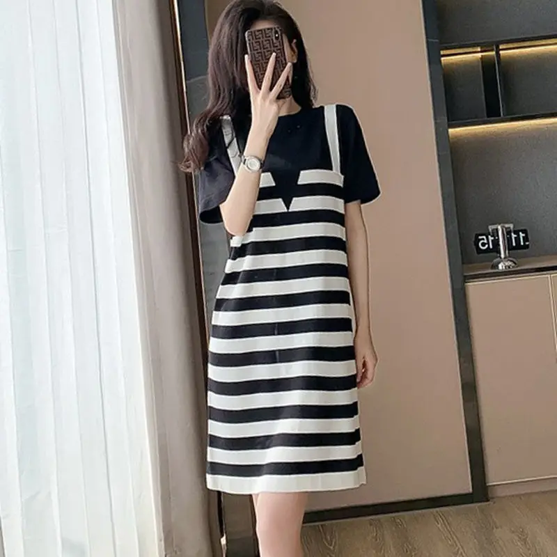 

Commute Fake Two Pieces Dresses Female Clothing Korean Striped Spliced Loose Summer Short Sleeve Casual Round Neck Midi Dress