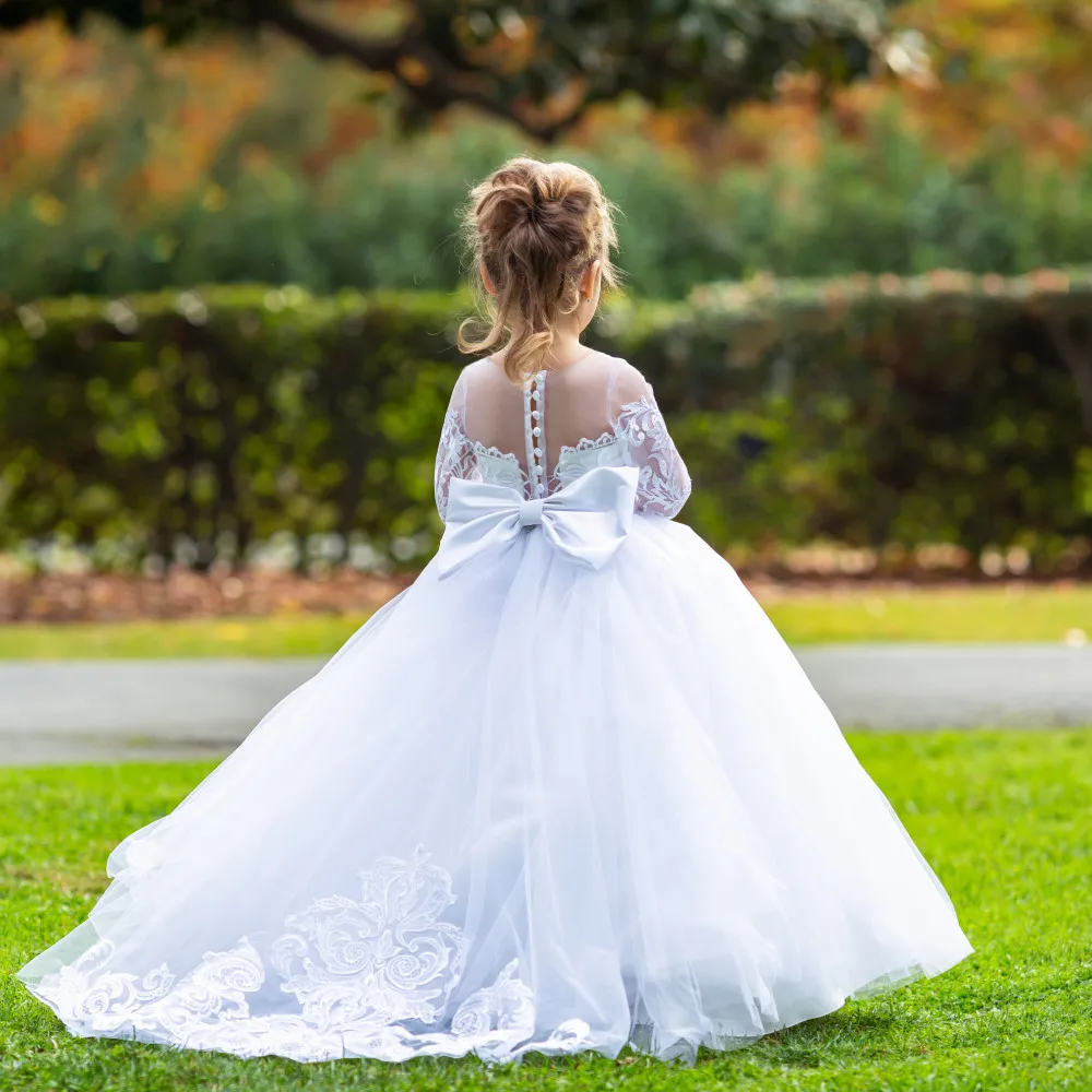 

Flower Girls Wedding Dress Lace Tulle Long Train Princess Holly Communion Baptism Gown Kids Pageant Party Clothes Girl Ball Gown