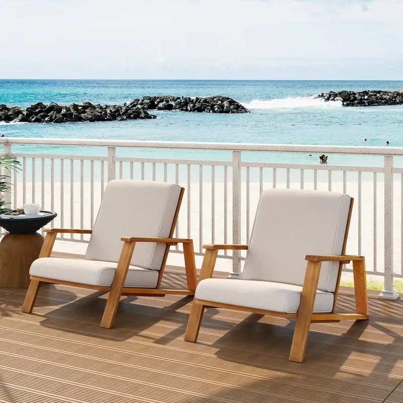 Set of 2 Outdoor Club Chairs with Beige Cushions and Teak Acacia Wood Frame for Patio Lounge Set of 2 Outdoor Club Chairs with Beige Cushions and Teak Acacia Wood Frame for Patio Lounge