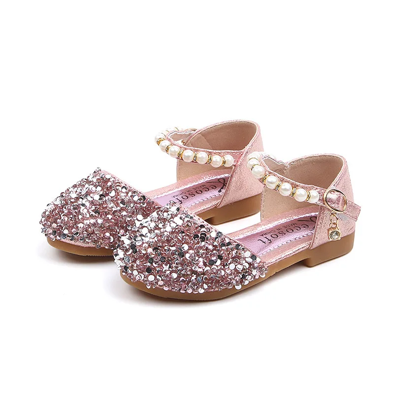 

Сандалии для девочек, размер 21-36, новинка весны-лета 2024, кожаная обувь в Корейском стиле для маленьких принцесс, детская танцевальная обувь с жемчугом и блестками