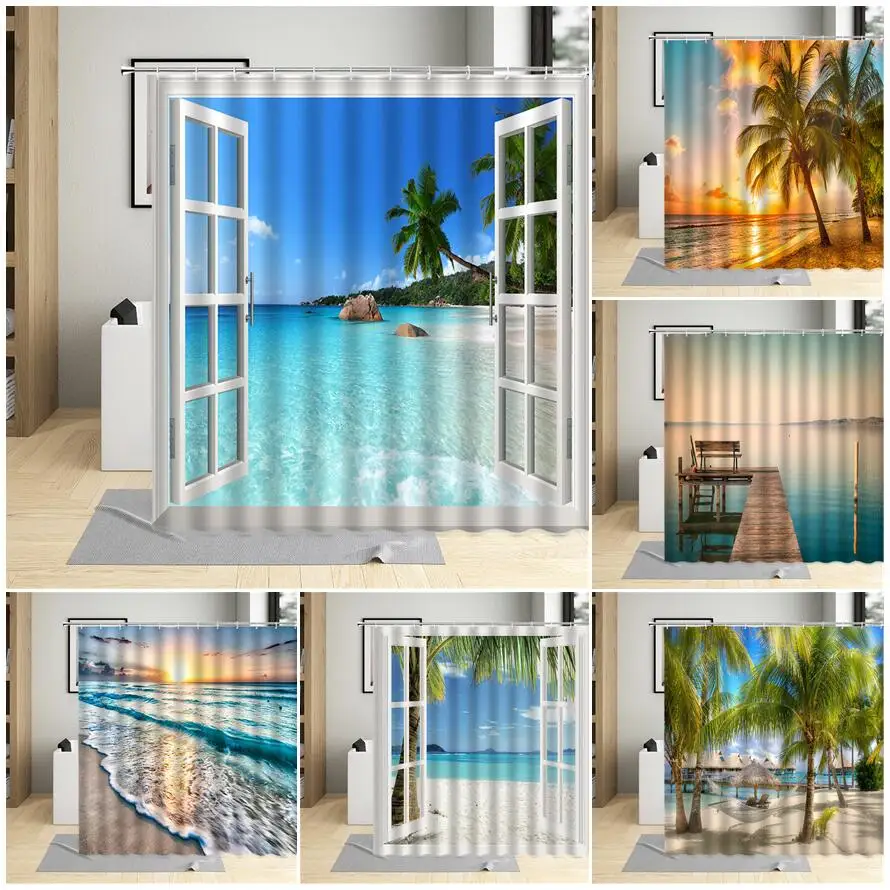 

Ocean Landscape Palm Tree Beach Shower Curtains Dusk Sea Waves Island Hawaiian Scenery Polyester Fabric Bathroom Decor Set Hooks