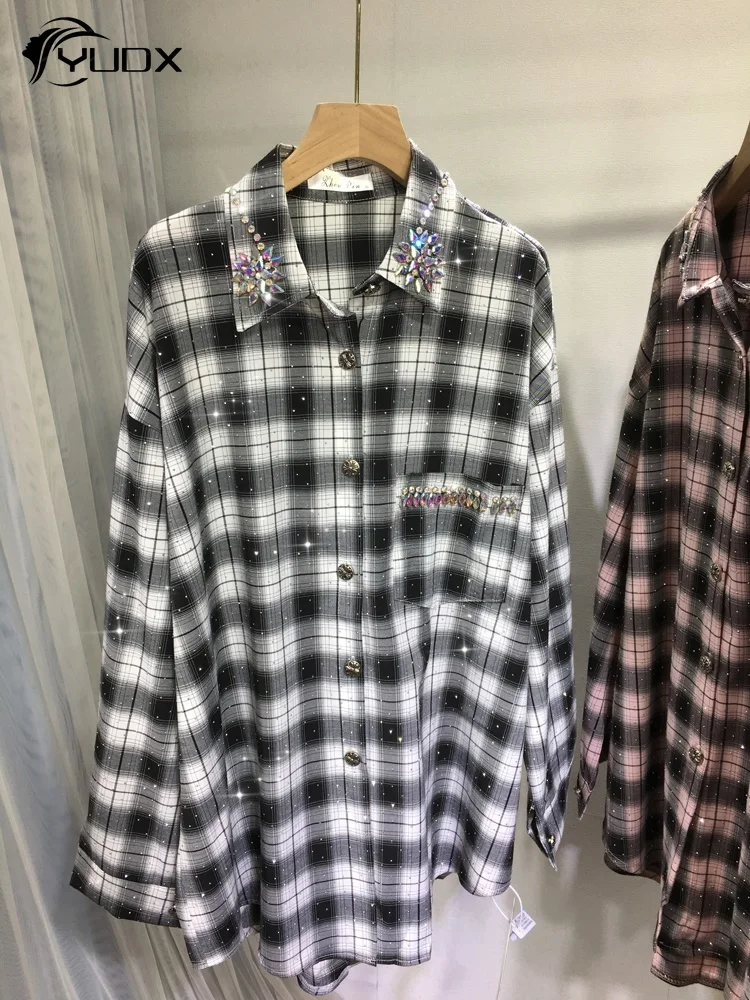 

YUDX 2024 New Spring Classic Plaid Blouses Foe Women Shiny Hot Drilling Loose Mid-long Cardigans Top Diamonds Casual Shirts