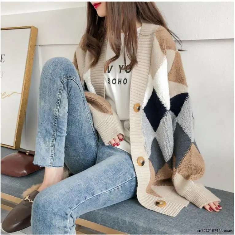 

2023 Plaid Chic Cardigans Button Puff Sleeve Checkered Oversized Women's Sweaters Winter Spring Sweater Tops