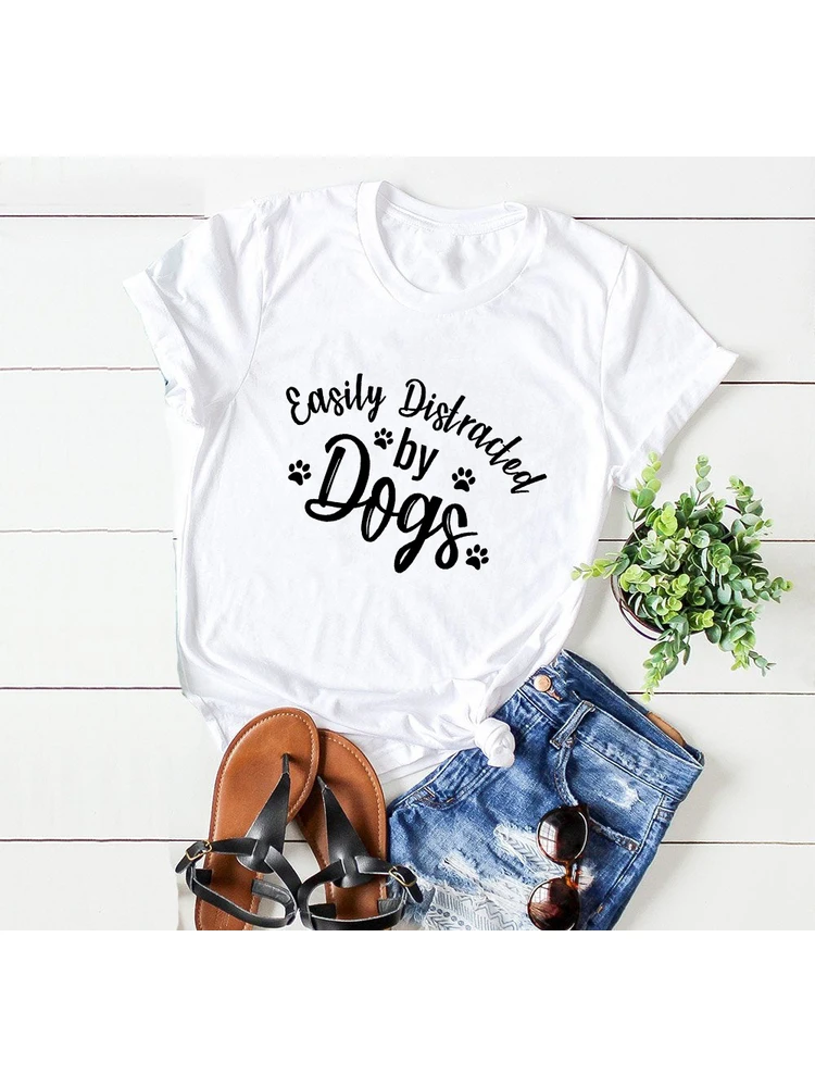 

Easily Distracted By Dogs Graphic T Shirt Women Paw Print Short Sleeve Funny T Shirts Cute Tops Dog Lover Tee Shirt Outfits