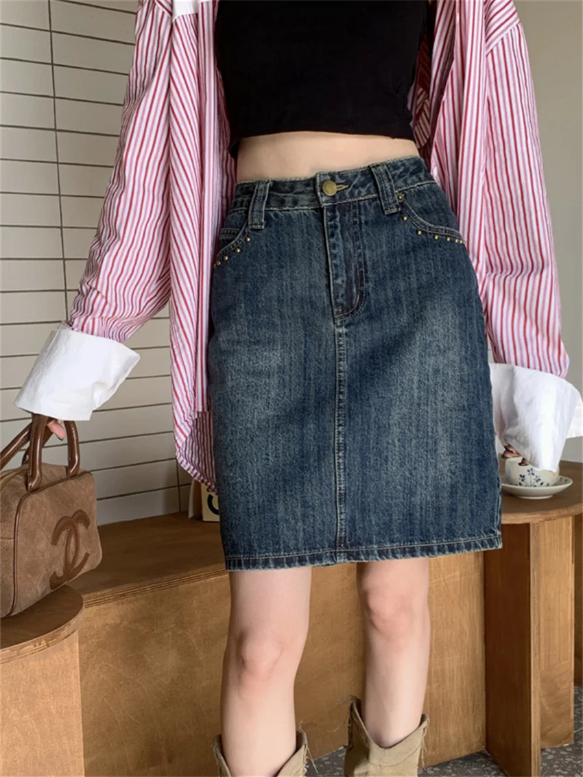 

Alien Kitty Mid-Length Women Skirts Chic Slim New Vintage Rivet High Street 2024 Denim Office Lady Casual Summer Loose Split