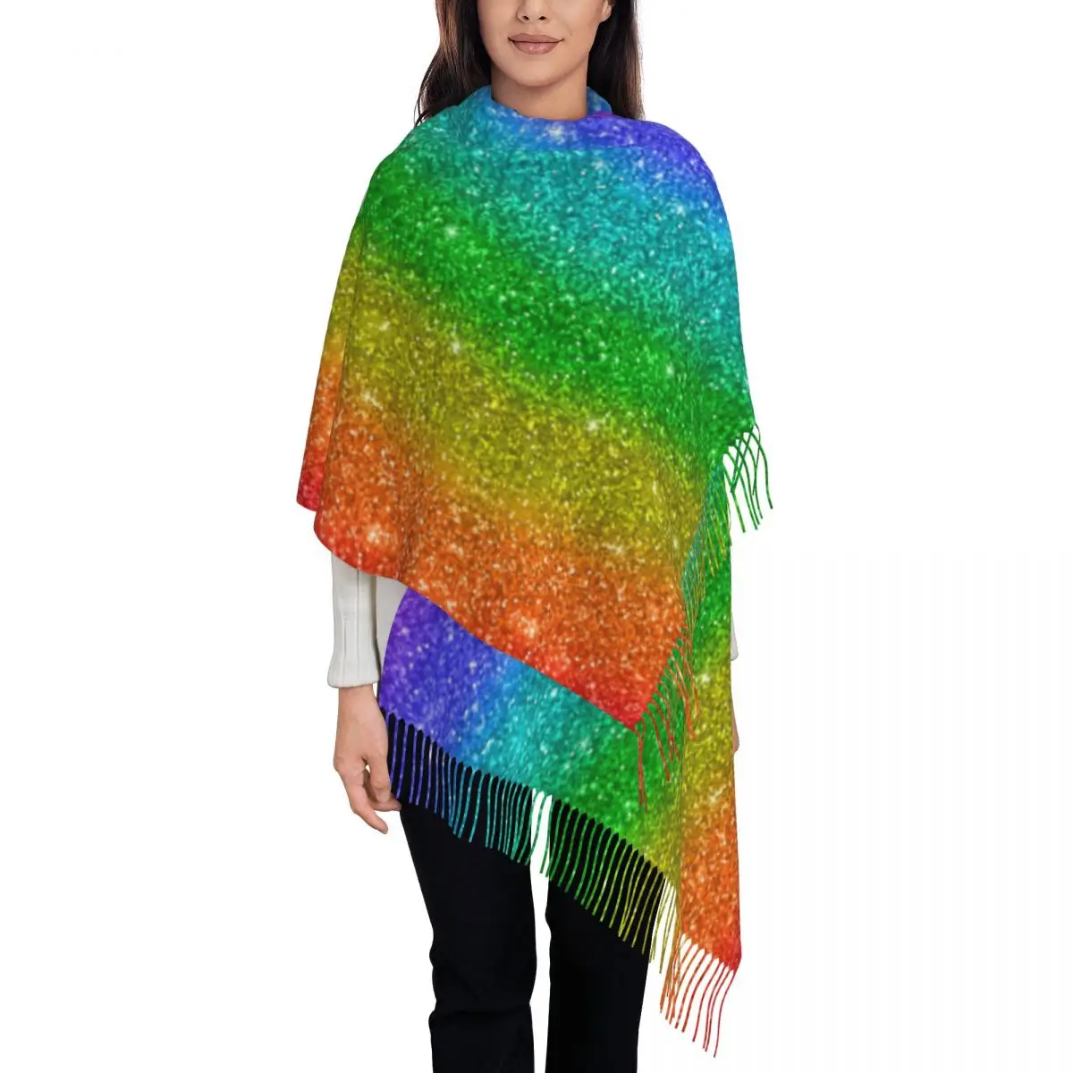

Womens Tassel Scarf Glitter Rainbow Pride Long Soft Warm Shawl and Wrap LGBT Rainbow Gifts Cashmere Scarf