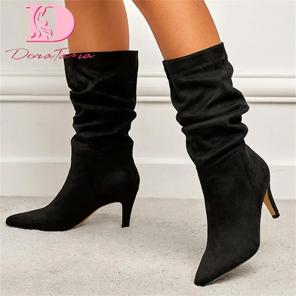 Brand New Female Thin High Heels Mid-Calf Boots Fashion Flock Slip-on Pointed Toe women's Boots Party Office Sexy Woman Shoes
Brand New Female Thin High Heels Mid-Calf Boots Fashion Flock Slip-on Pointed Toe women's Boots Party Office Sexy Woman Shoes