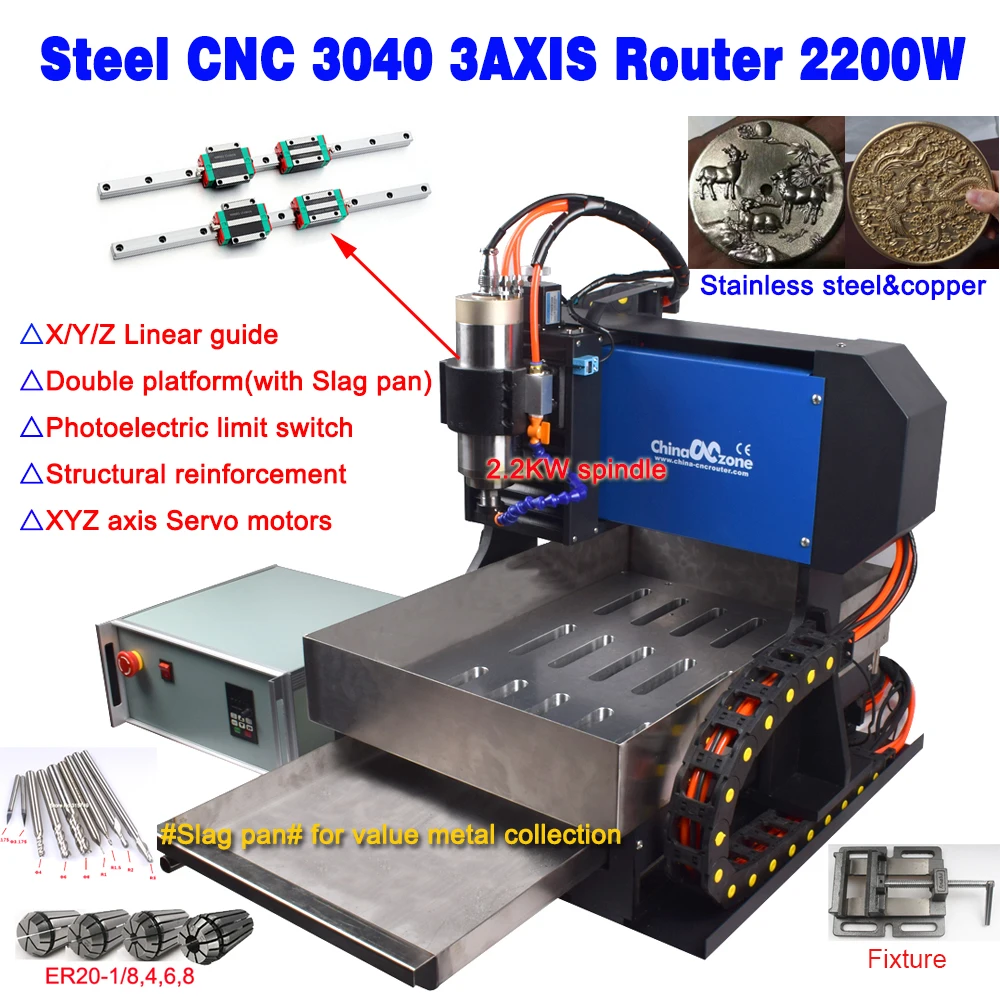 Steel Stucture CNC Router 3040 3AXIS Milling Engraving Carving Machine XYZ axis Servo Motors 2.2KW Water Cooling system
Steel Stucture CNC Router 3040 3AXIS Milling Engraving Carving Machine XYZ axis Servo Motors 2.2KW Water Cooling system