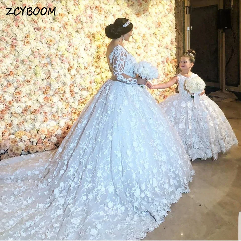 

Роскошное Тюлевое платье с аппликацией и длинными рукавами, белое свадебное платье для матери и дочери, бальное платье 2024, свадебное платье до пола со шлейфом