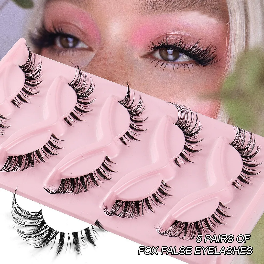 

New 5 Pairs of Large Volume Long Eye Lashes Transparent Stems Natural Fox Eyes Style False Eyelashes Beauty