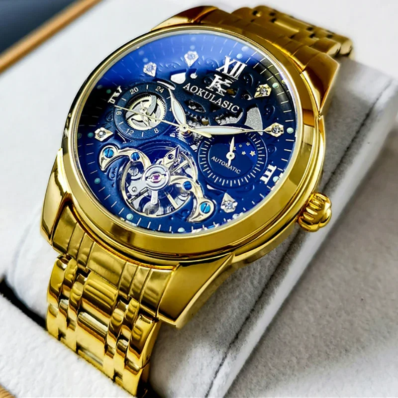 

AOKULASIC Automatic Men's Watch Luxury Brand Mechanical Watches Men's Tourbillon Fashion Full Steel Hollow Relogio Masculino