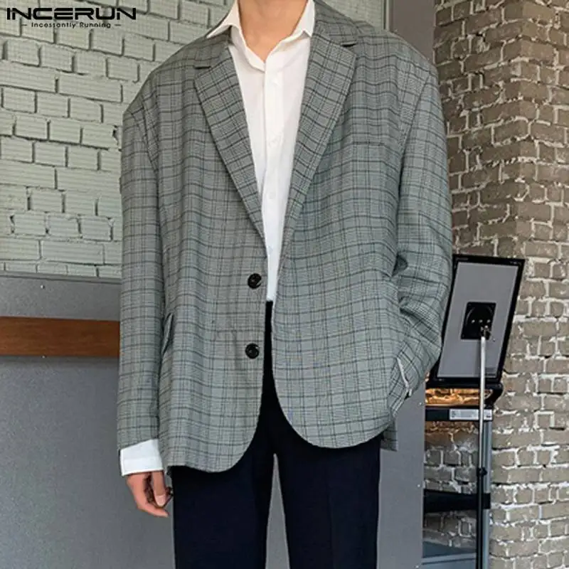 

Stylish Hot Selling Tops INCERUN New Mens Checkered Blazers Casual Male Shoulder Drop Design Loose Long Sleeved Suit Coats S-5XL