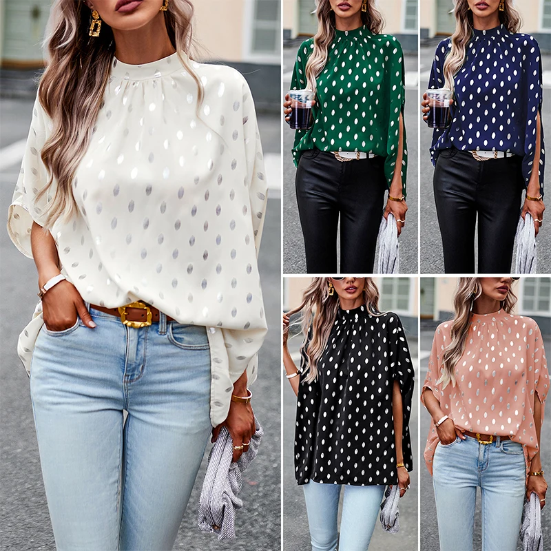 

T-shirt Fashion Casual Tops Spring and Autumn Women's Pullover O-neck Button Solid Color Chiffon Polo Dotted Long Sleeve Shirt