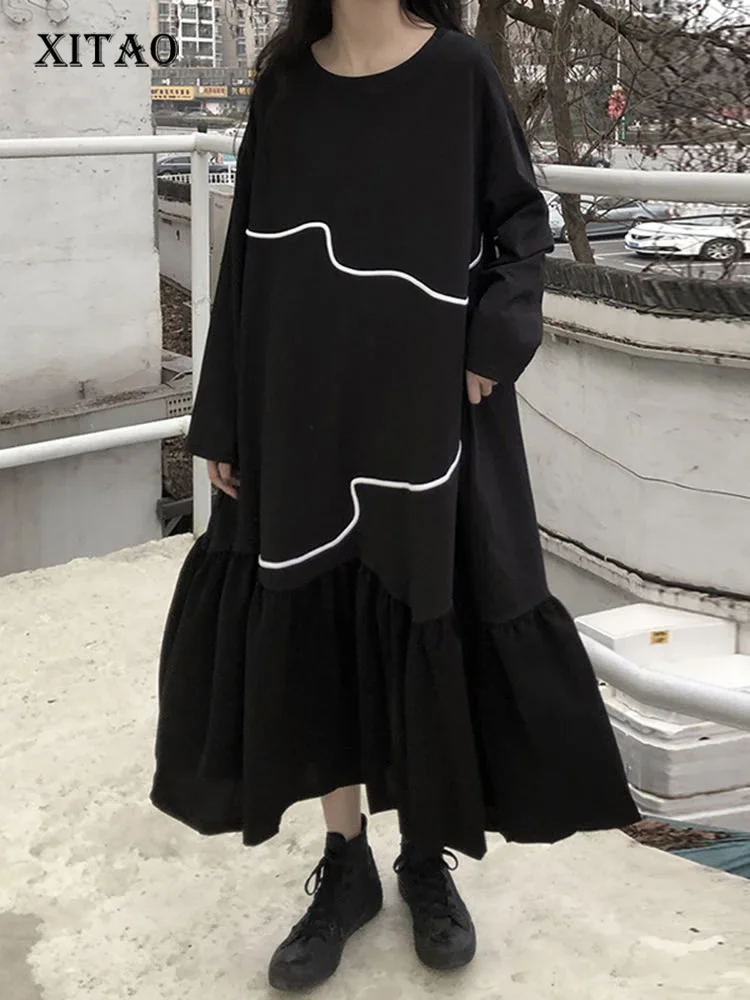 

XITAO New Splicing Ruffle Hem Dress Irregular Ling Contrast Color Simplicity Fashion Loose Women Casual All-match Spring ZY5867