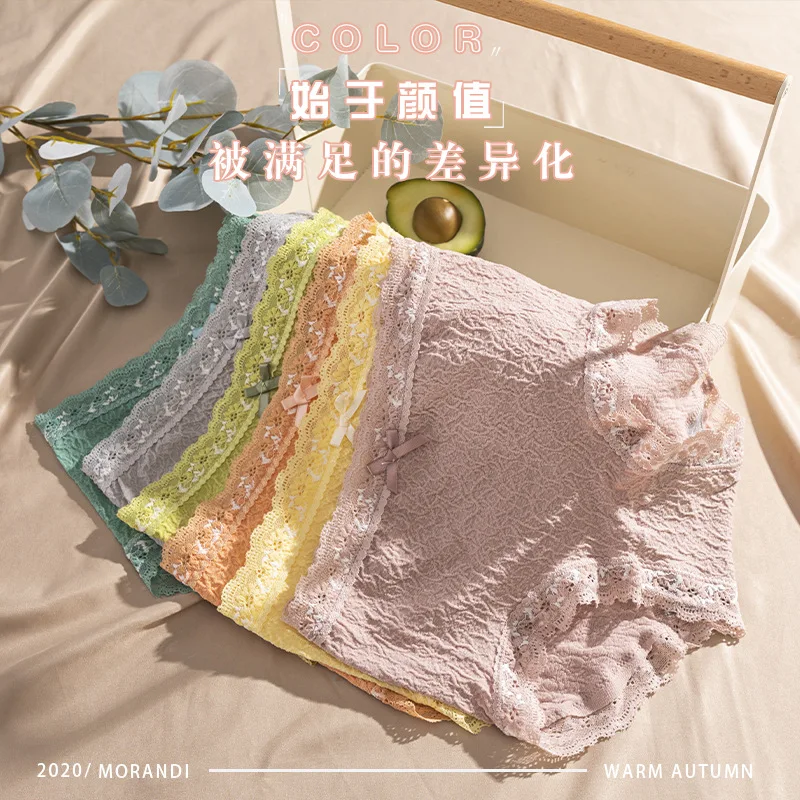 

Japanese Pleated Cotton Girl Underwear Graphene Antibacterial Crotch Mid Waist Cute Sweet Lace Lady Triangle Shorts