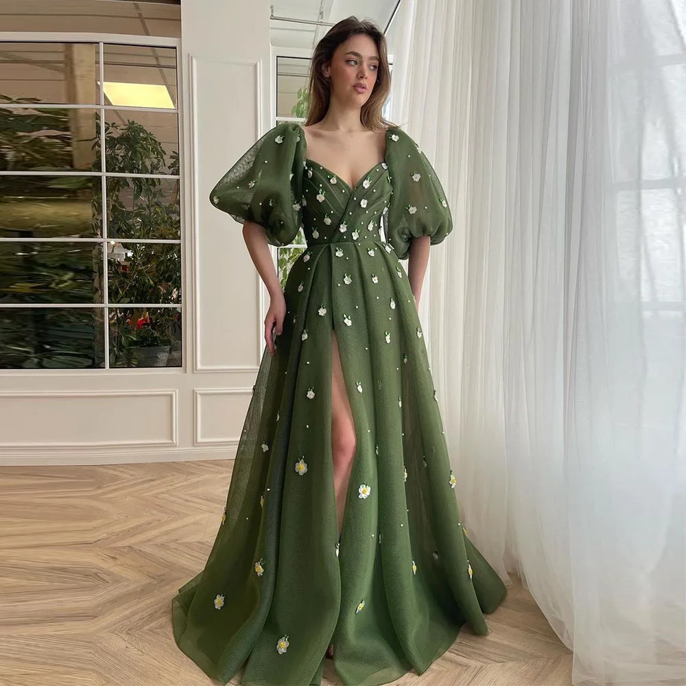 Sevintage Green 3D Flowers Crystal Beading Prom Dresses V Neck Puff Sleeves Side Split A-Line Formal Party Dress Evening Gowns
Sevintage Green 3D Flowers Crystal Beading Prom Dresses V Neck Puff Sleeves Side Split A-Line Formal Party Dress Evening Gowns