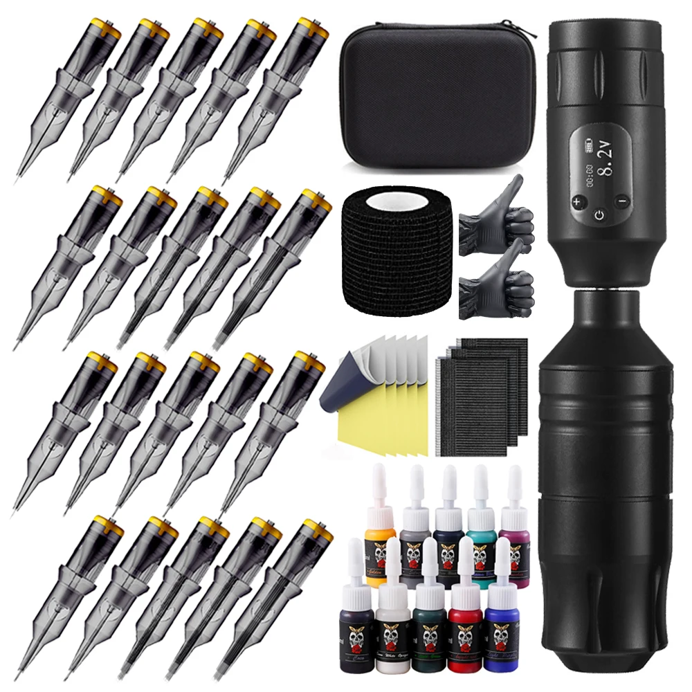 

Wireless Tattoo Machine Kit Battery Power Supply with Cartridge Needle Permanent Make-up Tool DC/RCA Jack Rotary Tattoo Pen Set