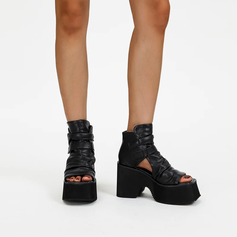 

10cm Ladies Wedge Sandals Black Genuine Leather Platform Sandals Chunky High Heels Punk Summer Boots Women Wedges Shoes