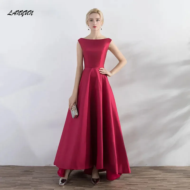 

LANMU New Arrival Elegant Red Wine Evening Dress High Low Short Front Long Back Lacing Formal Party Plus Size Gowns