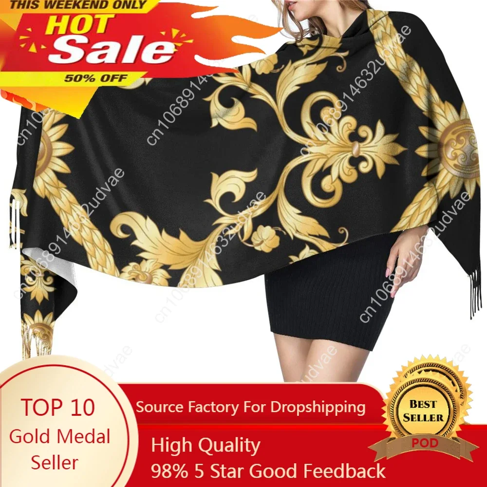 

Black Scarves For Ladies Winter Golden Floral Cashmere Scarf Pashmina Shawls Wraps Female Foulard Bandana Thick Print