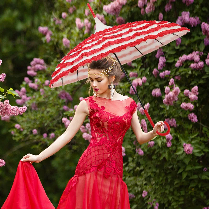 

16-bone-striped Lace Pagoda Umbrella for Weddings Semi-automatic Rain and Sun Umbrellas for Women Outdoor Photography