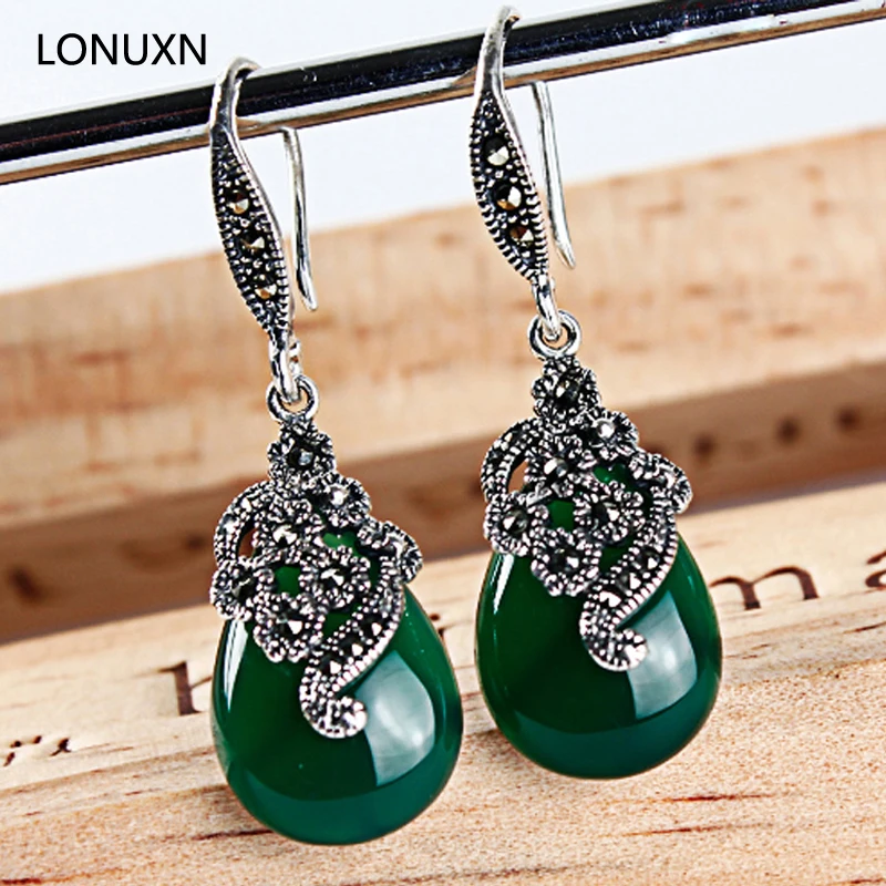 

High Quality Bohemia Green Agate Jade Drop Earrings Natural Stones 925 Sterling Silver Women Jewelry Vintage Red Garnet Earrings