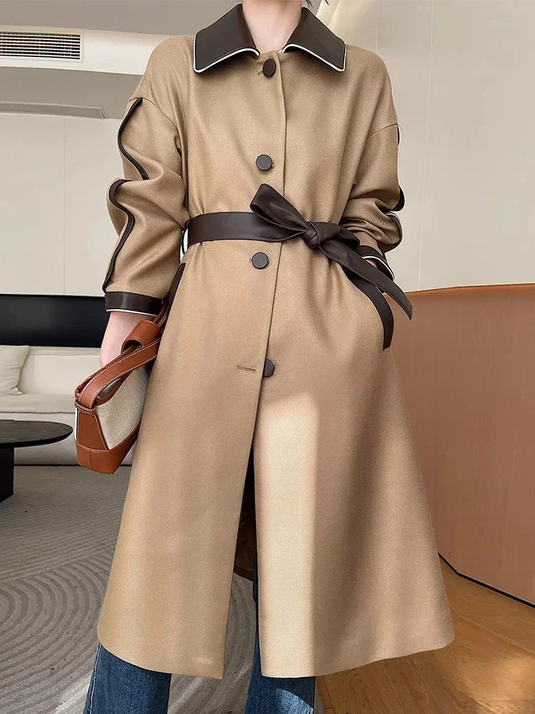 

Sheepskin Patchwork Trench Coat for Women Autumn Winter 2024 Trend High-end Genuine Leather Long Wool Jacket with Belt