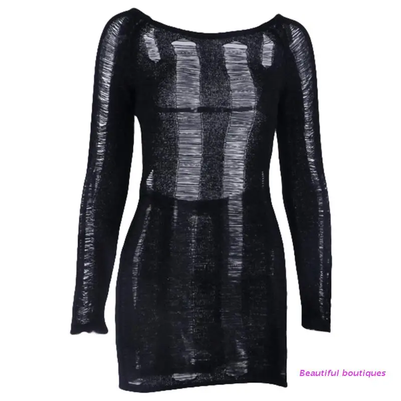 

Sexy Open Back Strappy Mini Dress Women Hollow Tassels Ripped Holes Retro High Waist Long Sleeve Bodycon Party Clubwear U4LF