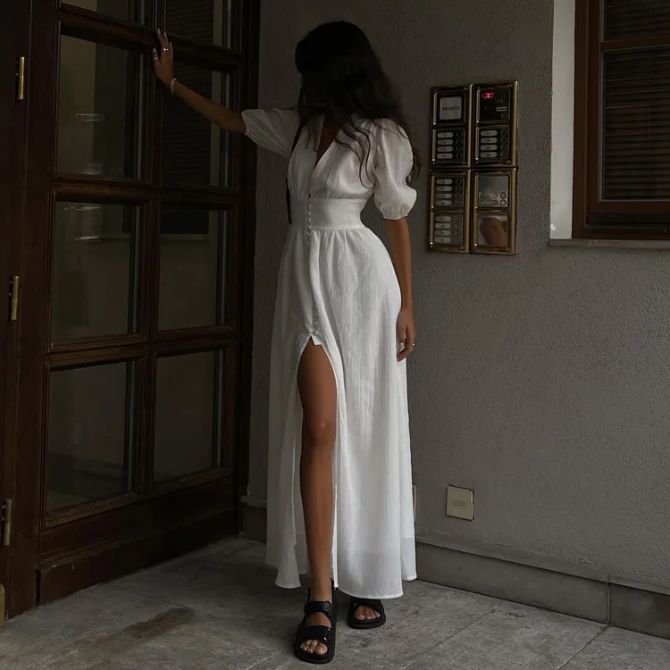 

Женское длинное платье на пуговицах, элегантное белое платье-трапеция с V-образным вырезом и пышными рукавами, повседневное простое длинное платье с разрезом, Новинка лета 2024