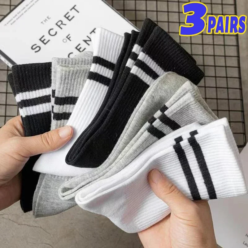 

1/3pairs Simple Cotton Socks Women Autumn Winter Soft Breathable Stripe Solid Black White Sport Middle Tube Sock Deodorant Socks