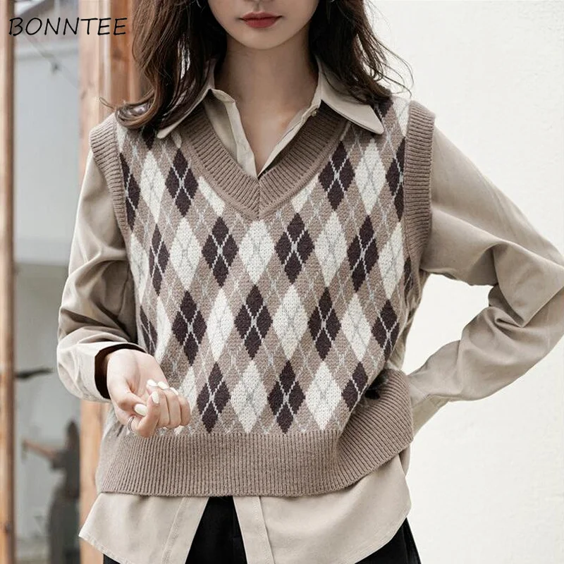 

Sets Women Shirts Argyle Vests Simple All-match Korean Style Two Pieces Outfits Harajuku Daily Stylish Aesthetic Female Fashion