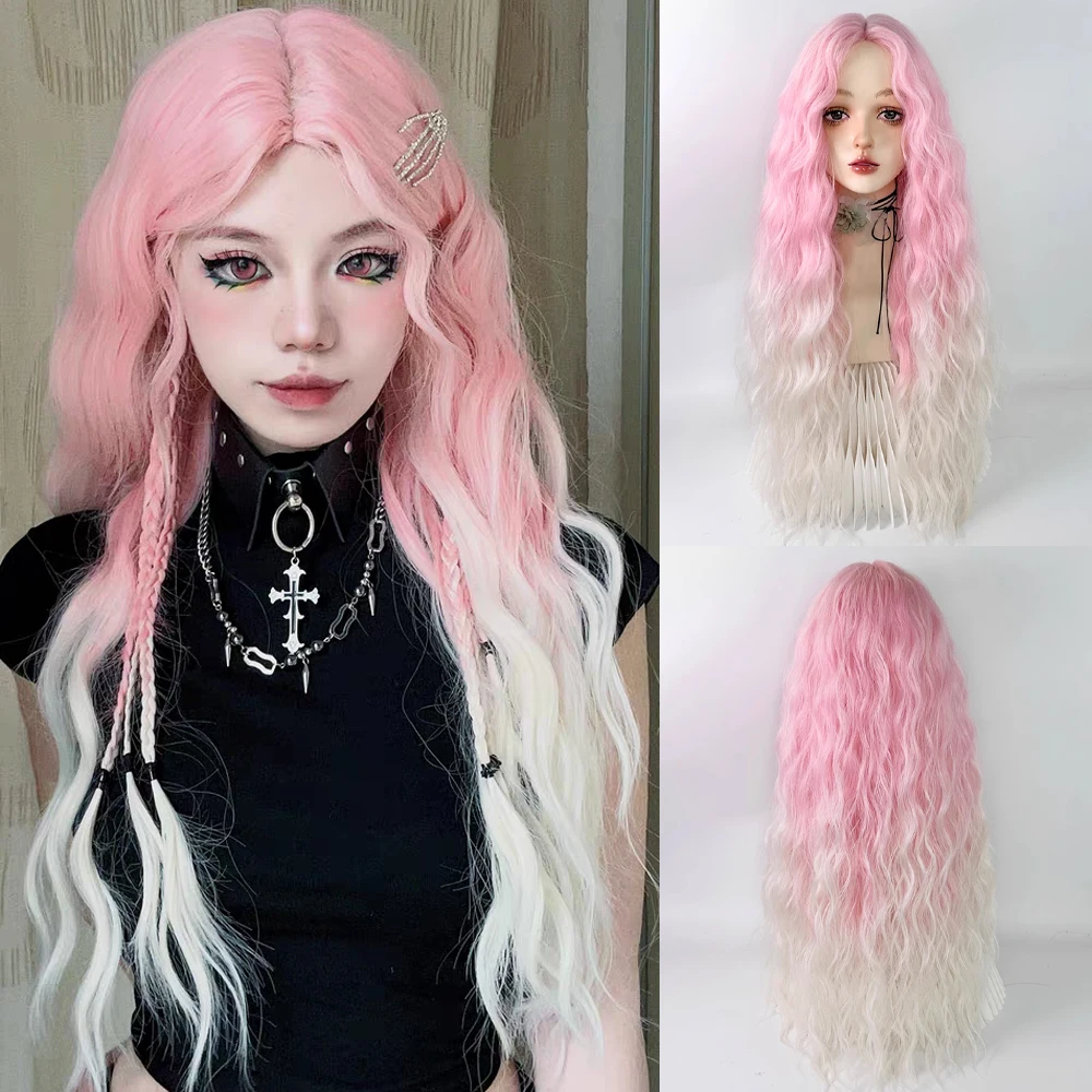 

Synthetic Long Curly Ombre Pink White Gradient Wigs Middle Part Women Natural Fluffy Lolita Cosplay Hair Wig for Daily Party