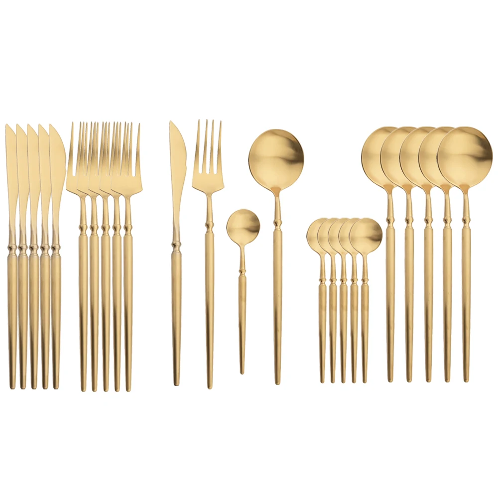 

New 24Pcs Gold Creative Tableware Set Stainless Steel Cutlery Set Tea Spoon Knife Fork Dinner Set Silverware Kitchen Dinnerware