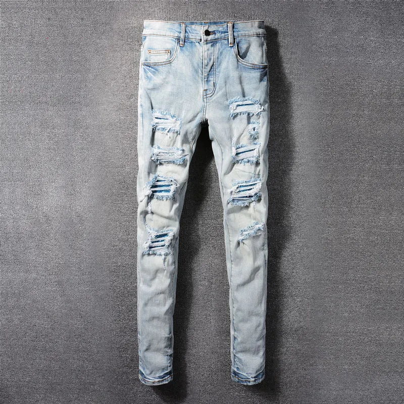 

Джинсы мужские Стрейчевые в стиле ретро, модные рваные джинсы скинни, дизайнерские Брендовые брюки в стиле хип-хоп с заплатками, с бисером, цвет синий