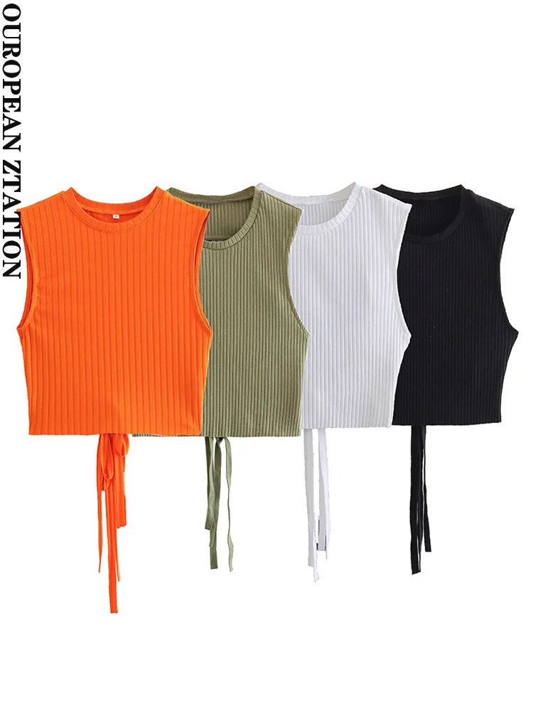 

PAILETE Women 2023 fashion with tied backless crop ribbed knit tank tops vintage o neck sleeveless female camis mujer