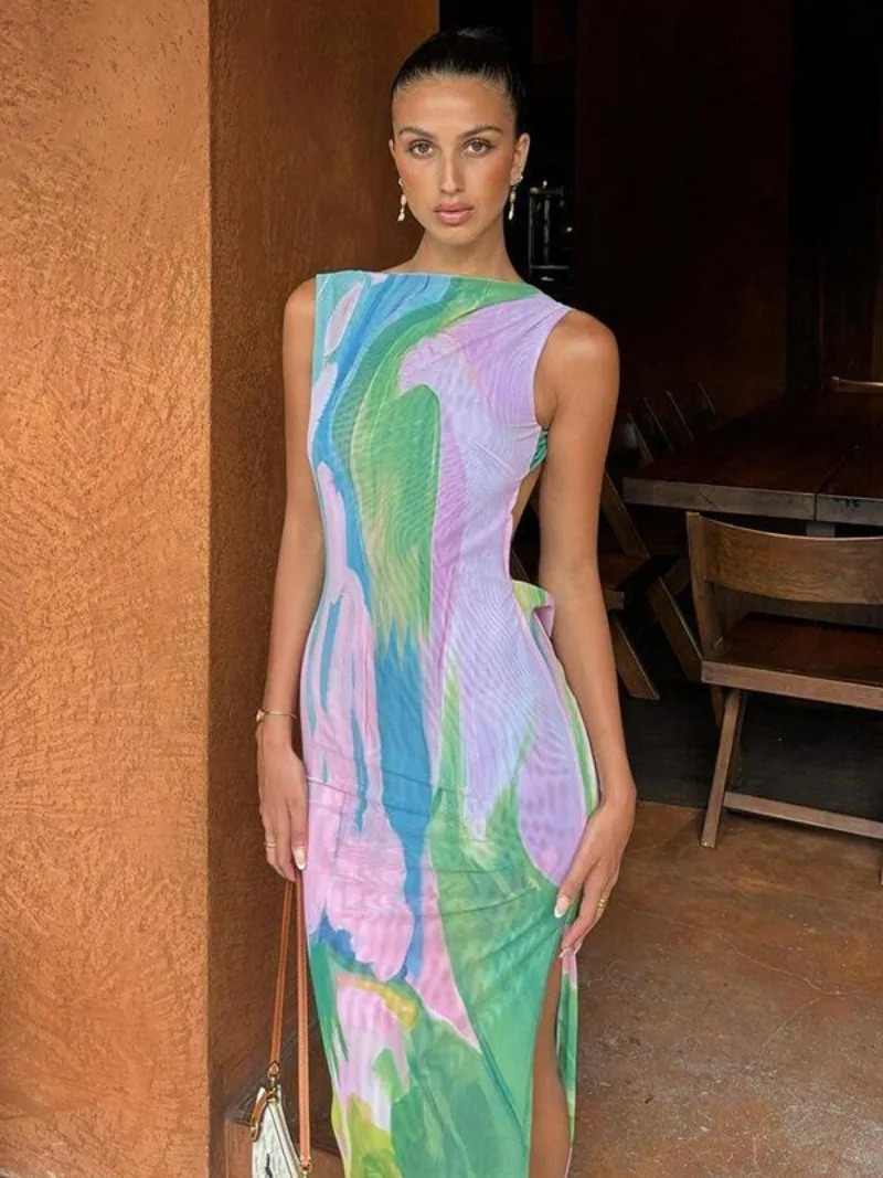 

2024 Women O-neck Sleeveless Backless Printed Summer Mesh Dress Fashion Chic See Through Backless Slim Slit Long Party Dresses