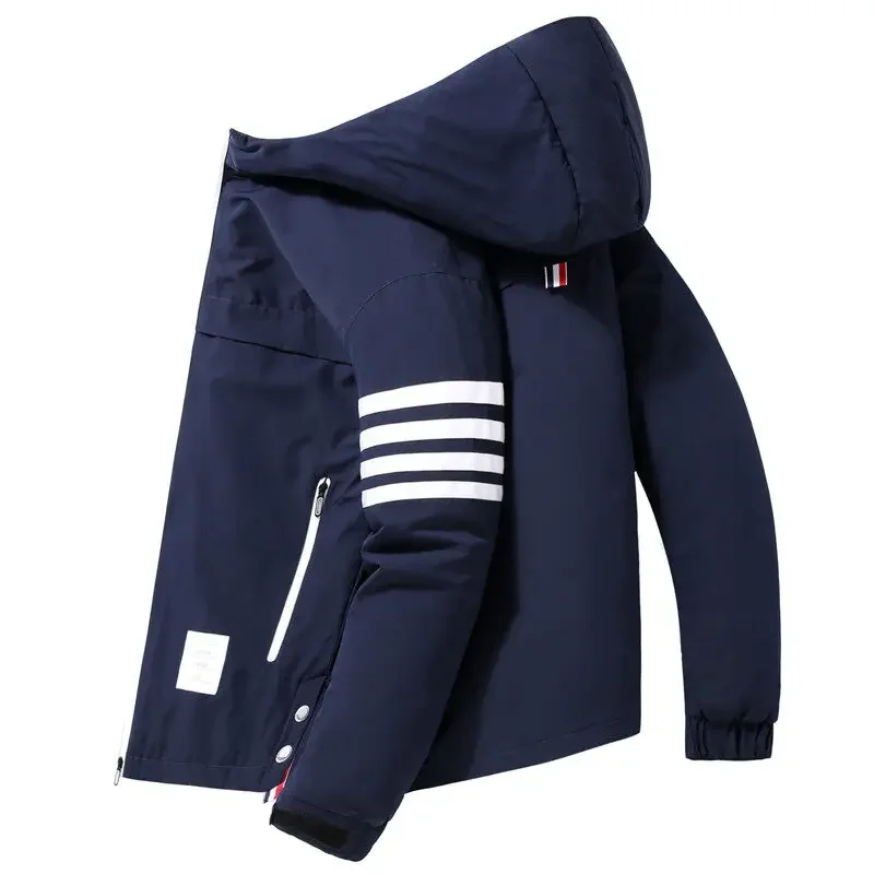 

Temperature 2021 Winter Men Down Jacket Hooded TB Striped Warm Coat Long Sleeve Zipper Thicken Pocket Short Slim Large Size