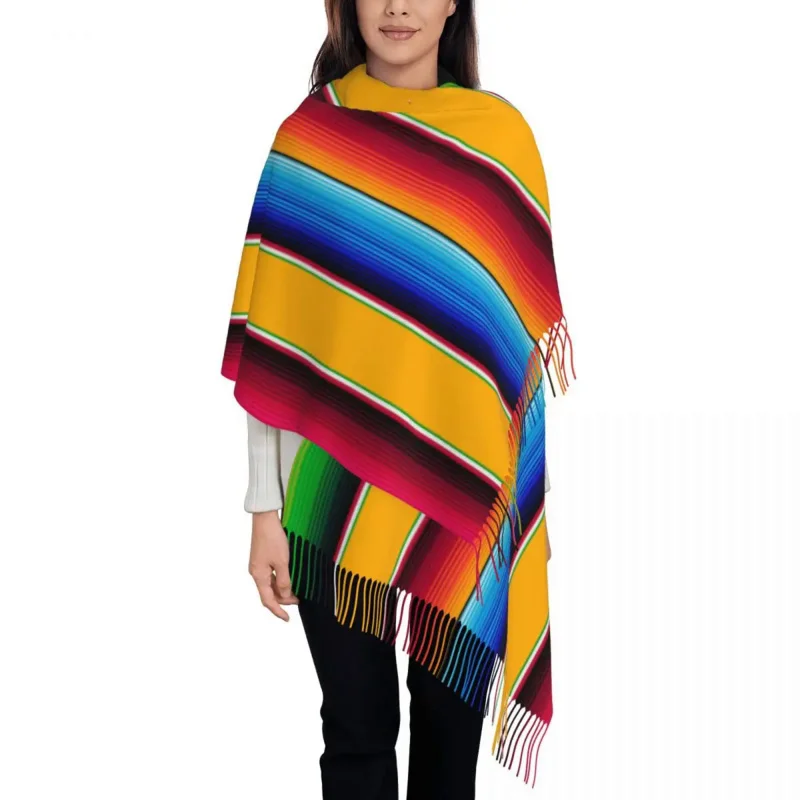 

Traditional Mexican Ethnic Scarf for Women Winter Warm Pashmina Shawl Wrap Rainbow Long Large Scarves with Tassel for Daily Wear