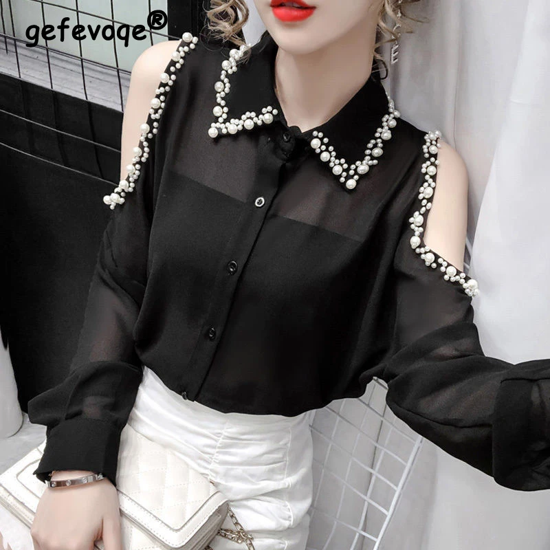 

Sexy Off Shoulder Sheer Elegant Chic Beaded Black White Button Up Shirt Fashion Korean Long Sleeve Loose Top Blouse Women Blusas