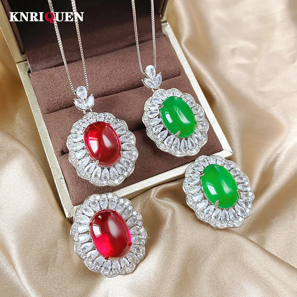 

2023 Trend Retro 13*18mm Emerald Ruby Jewelry Sets for Women Gemstone Lab Diamond Wedding Party Pendant Necklace Ring Fine Gifts