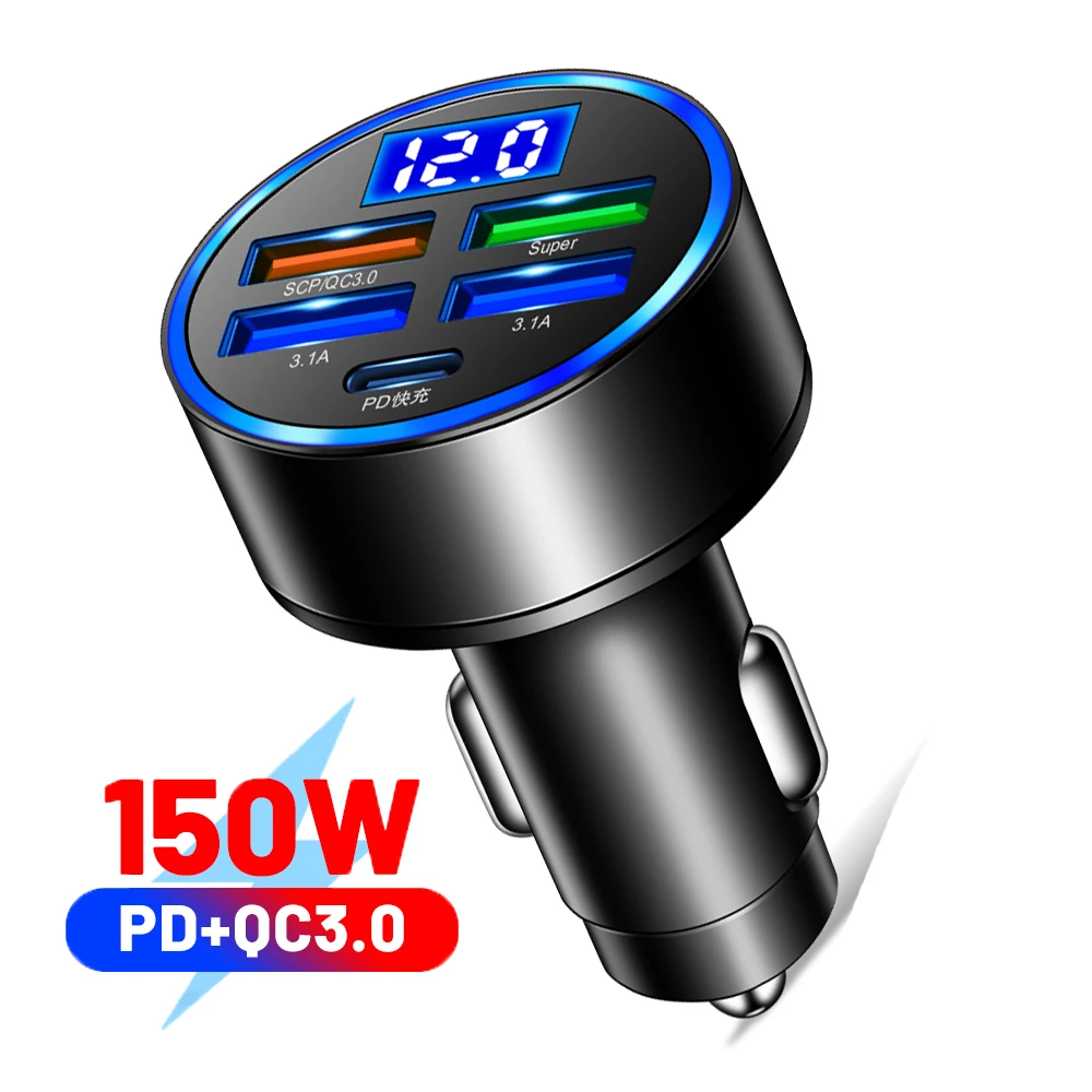

5 портов USB C автомобильная зарядка 150 Вт Быстрая зарядка 3,0 Быстрая зарядка для Xiaomi Huawei Быстрая Зарядка адаптер в автомобиле