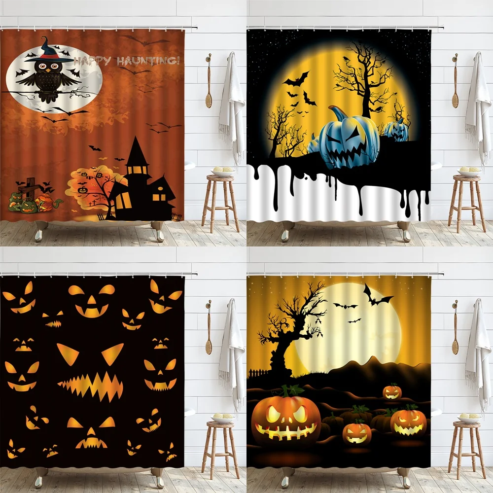 

Cartoon Owl Bat Pumpkin Shower Curtains Bathroom Decor Screen Halloween Castle Moon Dead Tree Fabric Bath Curtain Set Washable