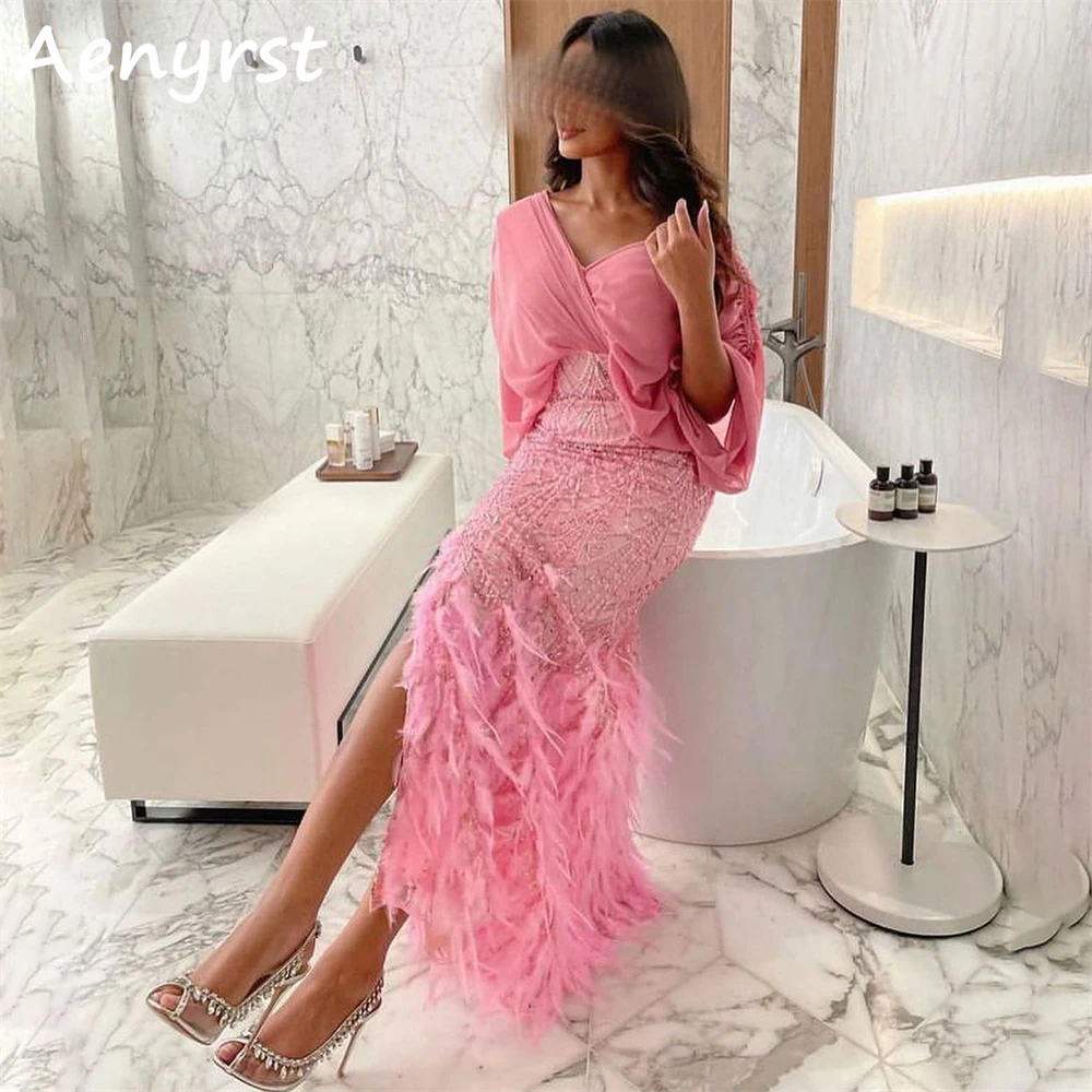 Aenyrst Luxury Pink V Neck Sequined Feathers Saudi Arabia Evening Dresses Mermaid Side Split Prom Dress Ankle Length Party Gowns
Aenyrst Luxury Pink V Neck Sequined Feathers Saudi Arabia Evening Dresses Mermaid Side Split Prom Dress Ankle Length Party Gowns