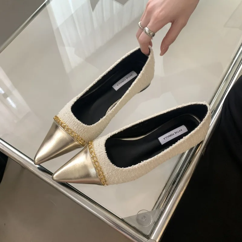 Fashion Metal Chain Decoration Low-heeled Shoes Women Elegant Pointed Toe Shallow Brand Designer Shoes Comfort Zapatos De Mujer 43 S98c37ba205d84221be3aae5a47490ac0D