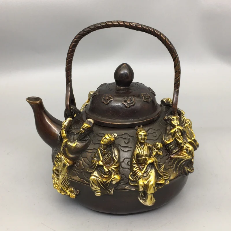 

Antique Pure Copper Gold Eight Immortals round Pot Teapot Wrapped Pulp Old Ceremony Home Tea Ceremony Crafts Home Copper Ornamen