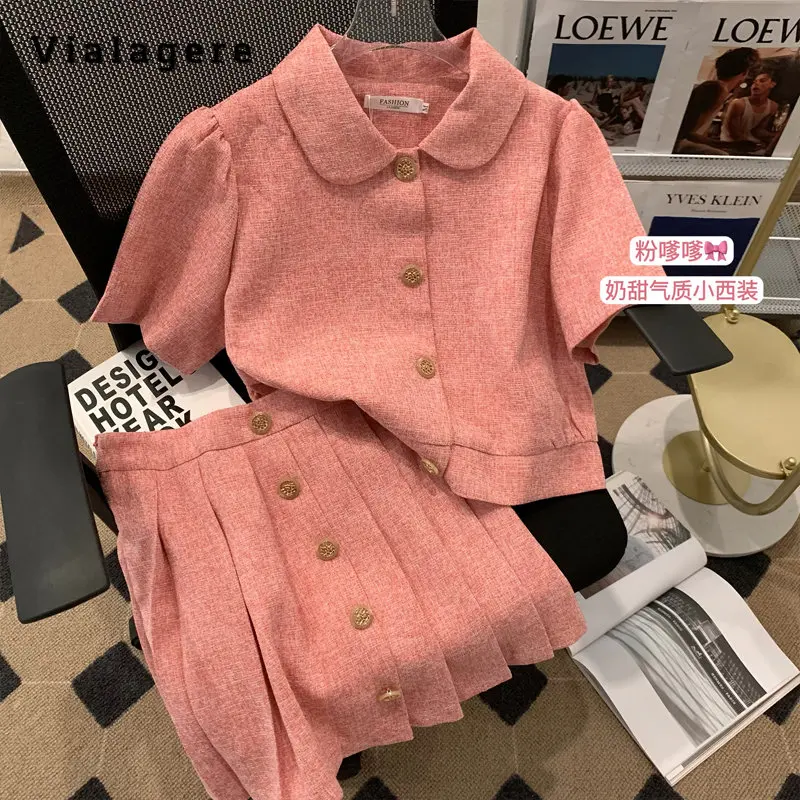 2023 Summer Elegant Sweet Pink 2 Piece Set Women Puff Sleeve Turn-down Collar Top + Pleated Skirt Casual Two Piece Skirt Set
2023 Summer Elegant Sweet Pink 2 Piece Set Women Puff Sleeve Turn-down Collar Top + Pleated Skirt Casual Two Piece Skirt Set