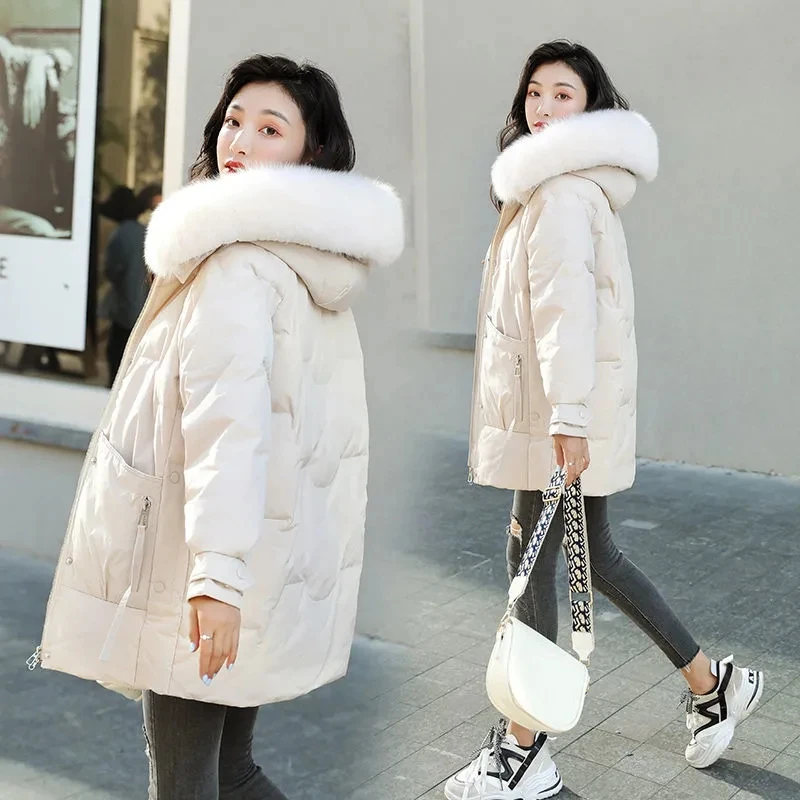 

Женское длинное хлопковое пальто, новинка 2023, зимние толстые теплые парки, пальто, корейская Свободная куртка с большим меховым воротником и хлопковой подкладкой, зимняя куртка