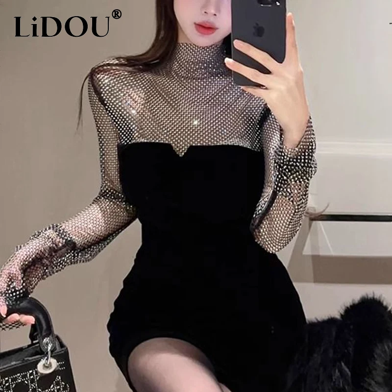 Spring Summer Stand Collar Diamons Patchwork Black Mini Dress Women Long Sleeve Nightclub Fashion Sexy Robe Femme Vestidos
Spring Summer Stand Collar Diamons Patchwork Black Mini Dress Women Long Sleeve Nightclub Fashion Sexy Robe Femme Vestidos